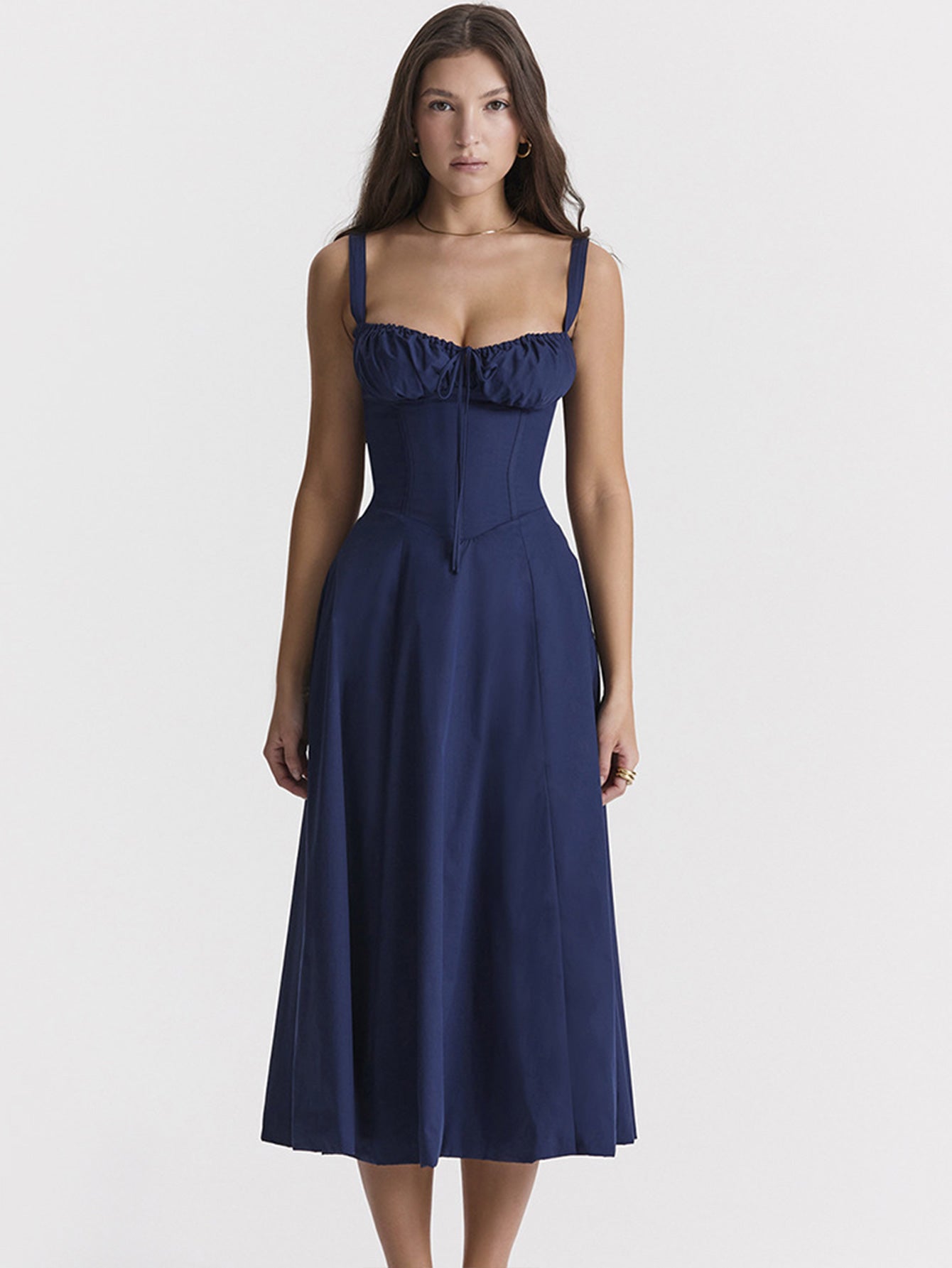 The new summer dress for women features a cinched waist and a split halter