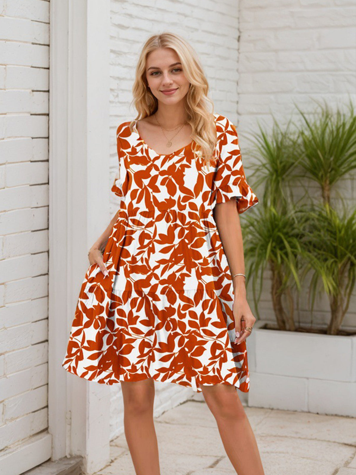 Women's 2025 short-sleeved loose ruffled printed cake dress