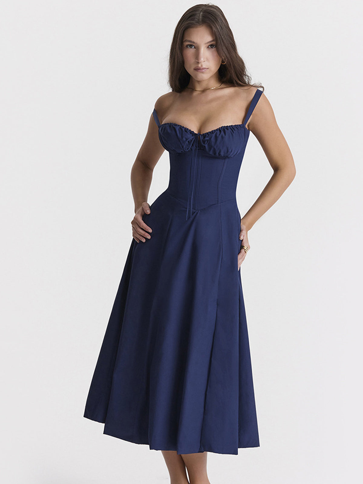The new summer dress for women features a cinched waist and a split halter