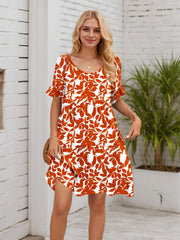 Women's 2025 short-sleeved loose ruffled printed cake dress