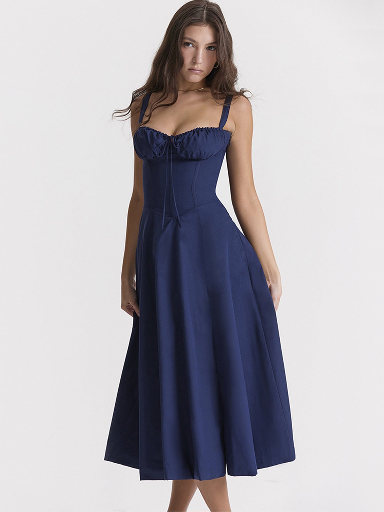 The new summer dress for women features a cinched waist and a split halter