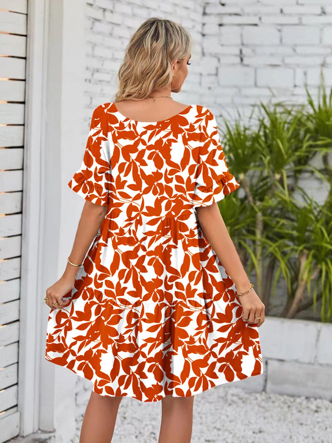 Women's 2025 short-sleeved loose ruffled printed cake dress