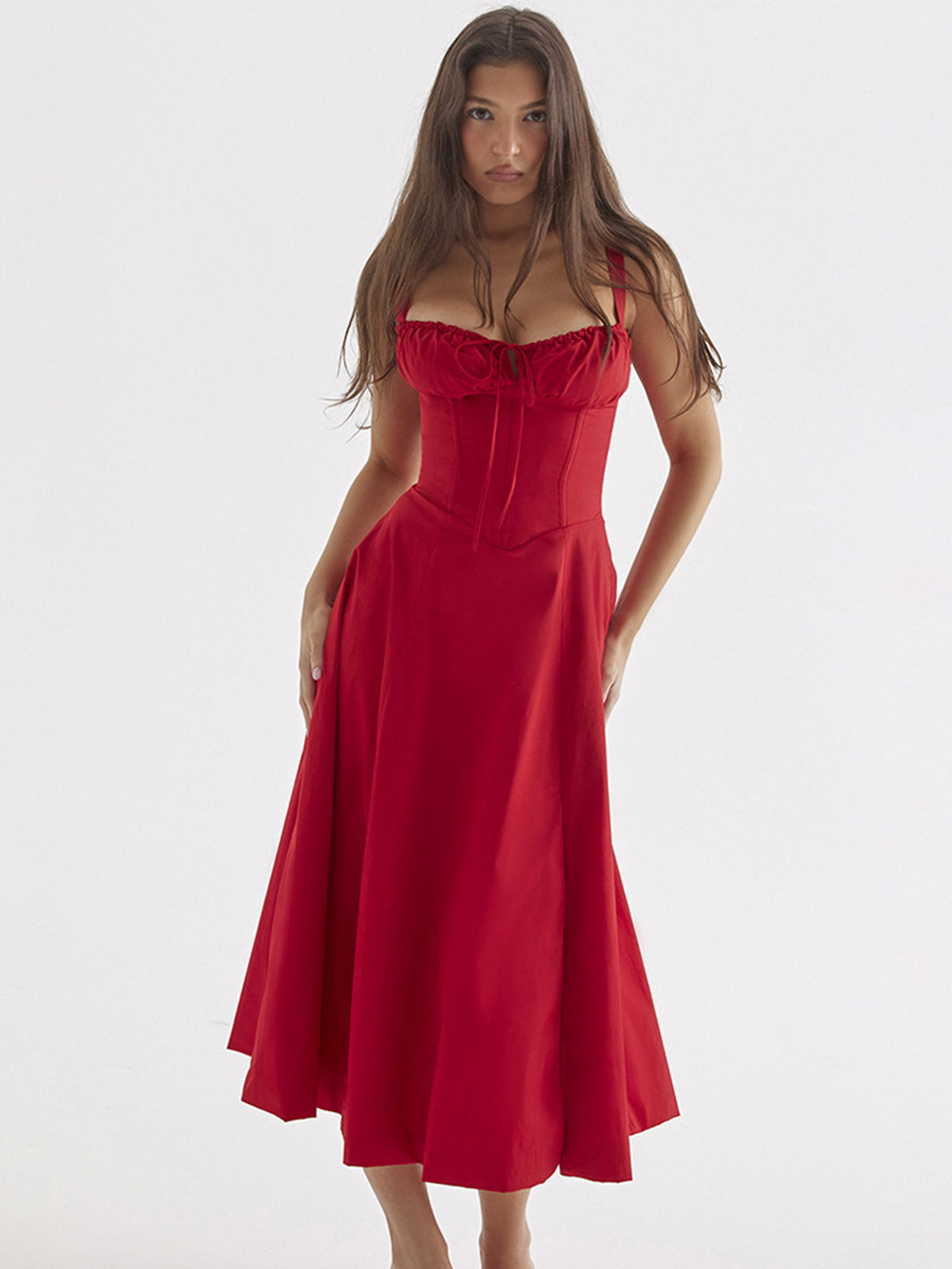The new summer dress for women features a cinched waist and a split halter