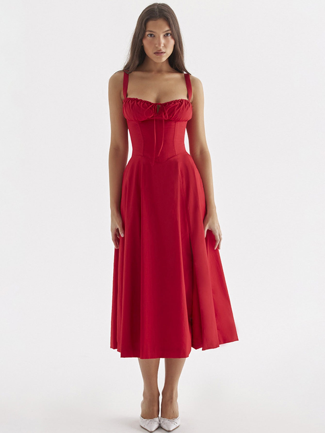 The new summer dress for women features a cinched waist and a split halter