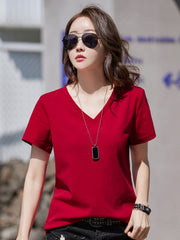 New summer short-sleeved T-shirt for women, loose pure cotton V-neck, large size