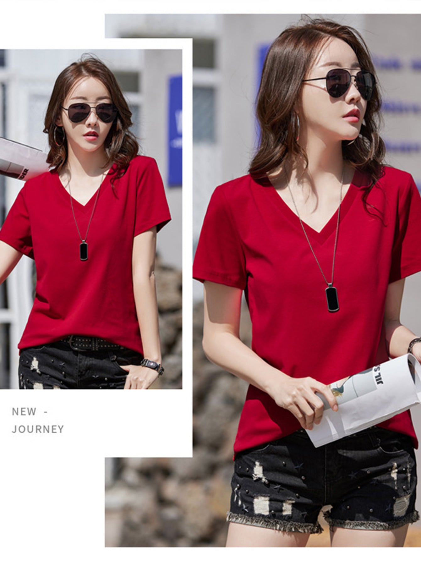 New summer short-sleeved T-shirt for women, loose pure cotton V-neck, large size