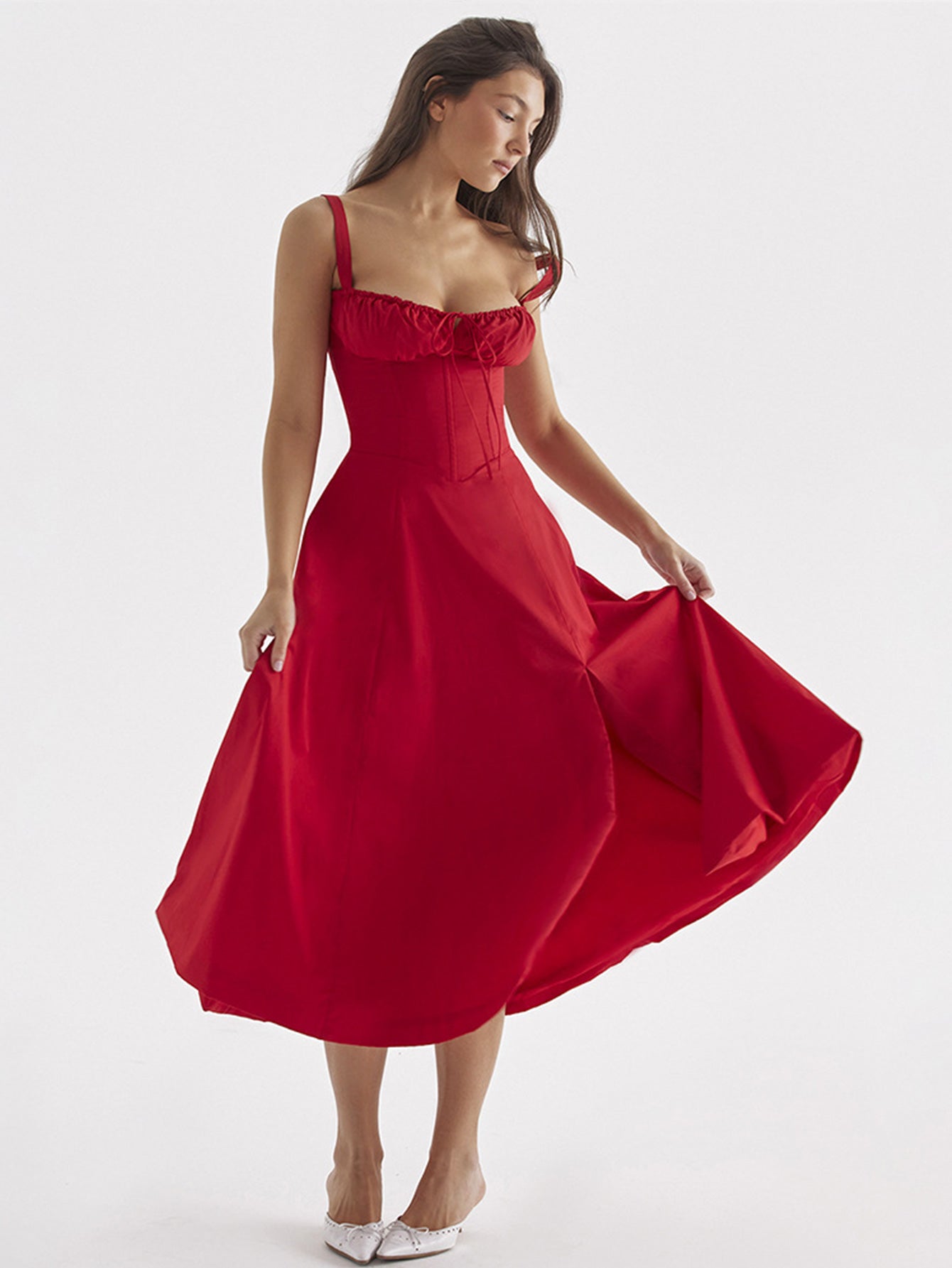 The new summer dress for women features a cinched waist and a split halter