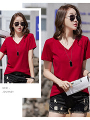 New summer short-sleeved T-shirt for women, loose pure cotton V-neck, large size
